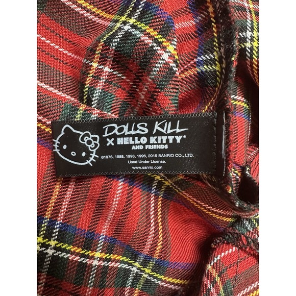Dolls Kill x Hello Kitty Red Plaid Pleat Punk Mini Skirt L Chains Patches Kawaii - Picture 7 of 8